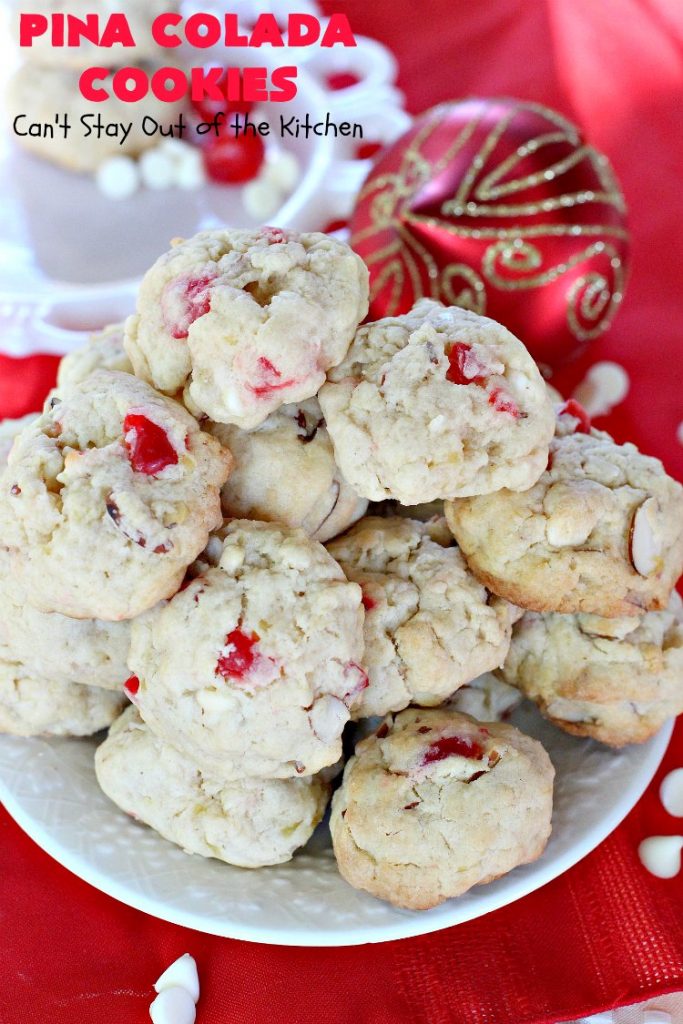 Pina Colada Cookies | Can't Stay Out of the Kitchen | these spectacular #Christmas #cookies have #pineapple, #coconut, #almonds, #candiedcherries & vanilla chips. They are out of this world good! Perfect for #holiday #baking & #ChristmasCookie Exchanges. #dessert #CherryDessert #PineappleDessert #PinaColada #ChristmasCookieExchange