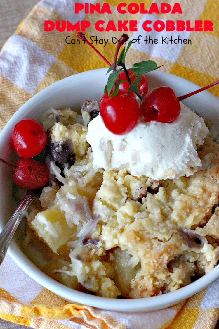 Pina Colada Dump Cake Cobbler | Can't Stay Out of the Kitchen | this easy 6-ingredient #dessert will have you salivating from the first bite. It's so easy to toss together that it's perfect for potlucks, company desserts or family dinners. #PinaColada #PinaColadaDessert #cobbler #pineapple #DumpCake #coconut #PinaColadaDumpCakeCobbler