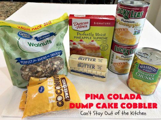 Pina Colada Dump Cake Cobbler | Can't Stay Out of the Kitchen | this easy 6-ingredient #dessert will have you salivating from the first bite. It's so easy to toss together that it's perfect for potlucks, company desserts or family dinners. #PinaColada #PinaColadaDessert #cobbler #pineapple #DumpCake #coconut #PinaColadaDumpCakeCobbler