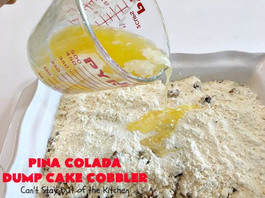 Pina Colada Dump Cake Cobbler | Can't Stay Out of the Kitchen | this easy 6-ingredient #dessert will have you salivating from the first bite. It's so easy to toss together that it's perfect for potlucks, company desserts or family dinners. #PinaColada #PinaColadaDessert #cobbler #pineapple #DumpCake #coconut #PinaColadaDumpCakeCobbler