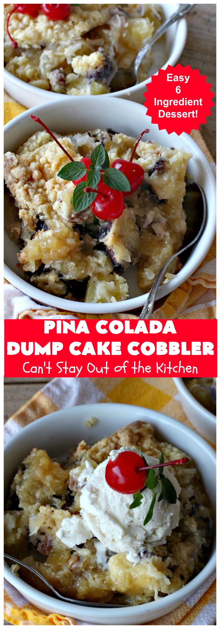 Pina Colada Dump Cake Cobbler | Can't Stay Out of the Kitchen | this easy 6-ingredient #dessert will have you salivating from the first bite. It's so easy to toss together that it's perfect for potlucks, company desserts or family dinners. #PinaColada #PinaColadaDessert #cobbler #pineapple #DumpCake #coconut #PinaColadaDumpCakeCobbler