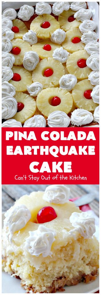 Pina Colada Earthquake Cake | Can't Stay Out of the Kitchen | best #cake ever! This heavenly #dessert is filled with #pineapple, #coconut, macadamia nuts & vanilla chips. #Creamcheese frosting bakes into the cake causing it to crater, erupt & explode in an earthquake! Perfect for #holidays or special occasions.