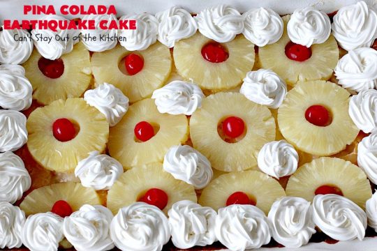 Pina Colada Earthquake Cake | Can't Stay Out of the Kitchen | best #cake ever! This heavenly #dessert is filled with #pineapple, #coconut, macadamia nuts & vanilla chips. #Creamcheese frosting bakes into the cake causing it to crater, erupt & explode in an earthquake! Perfect for #holidays or special occasions. 