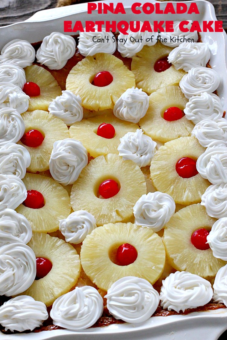 Pina Colada Earthquake Cake | Can't Stay Out of the Kitchen | best #cake ever! This heavenly #dessert is filled with #pineapple, #coconut, macadamia nuts & vanilla chips. #Creamcheese frosting bakes into the cake causing it to crater, erupt & explode in an earthquake! Perfect for #holidays or special occasions.