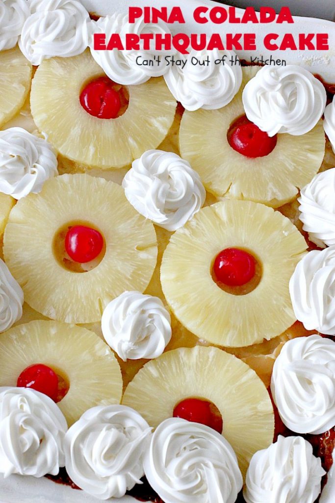 Pina Colada Earthquake Cake | Can't Stay Out of the Kitchen | best #cake ever! This heavenly #dessert is filled with #pineapple, #coconut, macadamia nuts & vanilla chips. #Creamcheese frosting bakes into the cake causing it to crater, erupt & explode in an earthquake! Perfect for #holidays or special occasions. 