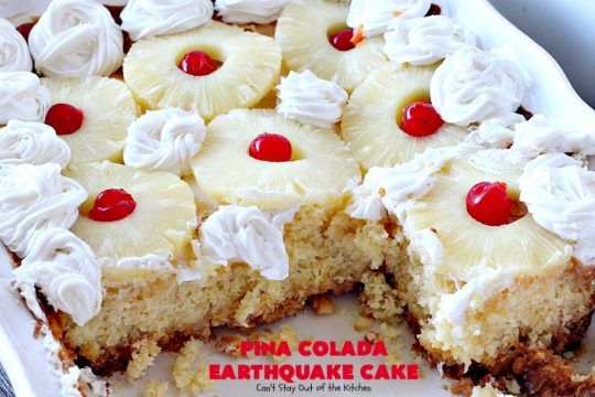 Pina Colada Earthquake Cake | Can't Stay Out of the Kitchen | best #cake ever! This heavenly #dessert is filled with #pineapple, #coconut, macadamia nuts & vanilla chips. #Creamcheese frosting bakes into the cake causing it to crater, erupt & explode in an earthquake! Perfect for #holidays or special occasions. 