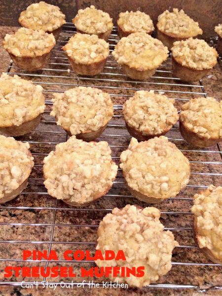 Pina Colada Streusel Muffins | Can't Stay Out of the Kitchen | Invite the Islands into your house for #Easter #Breakfast with these spectacular #muffins. They're filled with #Pineapple, #Coconut & #MacadamiaNuts for a rich, even decadent #BreakfastMuffin that you'll drool over! #Holiday #GreekYogurt #HolidayBreakfast #EasterBreakfast #MothersDayBreakfast #PinaColada #PinaColadaStreuselMuffins