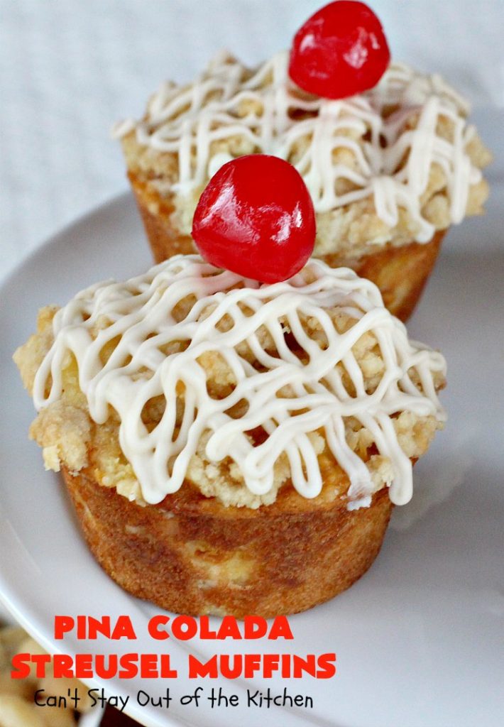 Pina Colada Streusel Muffins | Can't Stay Out of the Kitchen | Invite the Islands into your house for #Easter #Breakfast with these spectacular #muffins. They're filled with #Pineapple, #Coconut & #MacadamiaNuts for a rich, even decadent #BreakfastMuffin that you'll drool over! #Holiday #GreekYogurt #HolidayBreakfast #EasterBreakfast #MothersDayBreakfast #PinaColada #PinaColadaStreuselMuffins