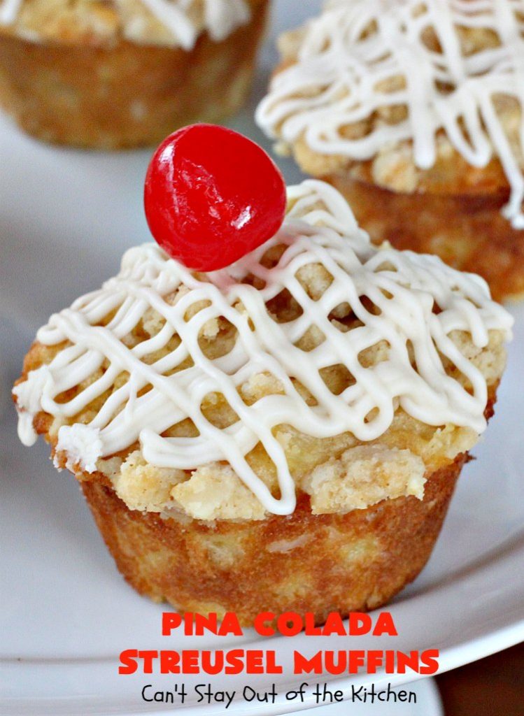 Pina Colada Streusel Muffins | Can't Stay Out of the Kitchen | Invite the Islands into your house for #Easter #Breakfast with these spectacular #muffins. They're filled with #Pineapple, #Coconut & #MacadamiaNuts for a rich, even decadent #BreakfastMuffin that you'll drool over! #Holiday #GreekYogurt #HolidayBreakfast #EasterBreakfast #MothersDayBreakfast #PinaColada #PinaColadaStreuselMuffins