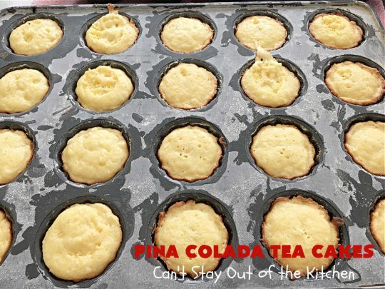 Pina Colada Tea Cakes | Can't Stay Out of the Kitchen | these scrumptious #TeaCakes are packed with #PinaColada flavor including a #Pineapple cake mix, pineapple gelatin, vanilla chips & #coconut. They're glazed with a luscious powdered sugar icing too. These miniature #Bundt #cakes are marvelous for #holiday or #Christmas baking. #HolidayDessert #PinaColadaDessert #PinaColadaTeaCakes