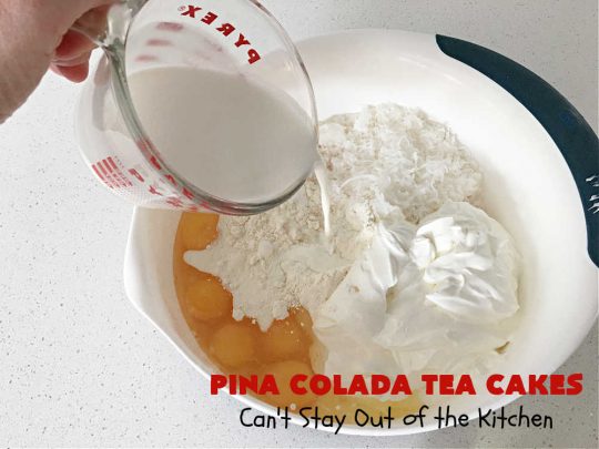Pina Colada Tea Cakes | Can't Stay Out of the Kitchen | these scrumptious #TeaCakes are packed with #PinaColada flavor including a #Pineapple cake mix, pineapple gelatin, vanilla chips & #coconut. They're glazed with a luscious powdered sugar icing too. These miniature #Bundt #cakes are marvelous for #holiday or #Christmas baking. #HolidayDessert #PinaColadaDessert #PinaColadaTeaCakes
