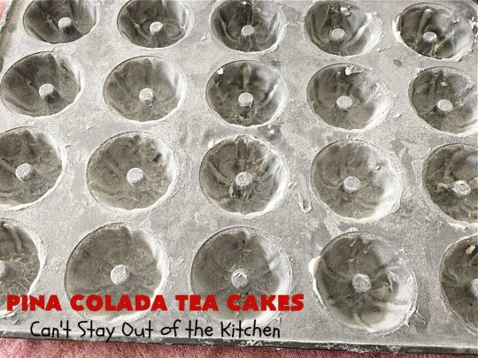 Pina Colada Tea Cakes | Can't Stay Out of the Kitchen | these scrumptious #TeaCakes are packed with #PinaColada flavor including a #Pineapple cake mix, pineapple gelatin, vanilla chips & #coconut. They're glazed with a luscious powdered sugar icing too. These miniature #Bundt #cakes are marvelous for #holiday or #Christmas baking. #HolidayDessert #PinaColadaDessert #PinaColadaTeaCakes
