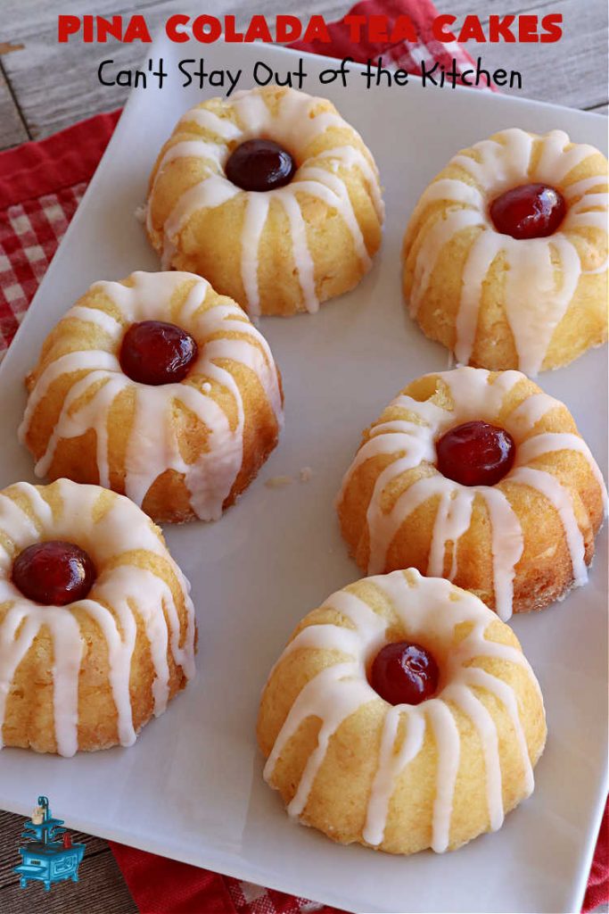 Pina Colada Tea Cakes | Can't Stay Out of the Kitchen | these scrumptious #TeaCakes are packed with #PinaColada flavor including a #Pineapple cake mix, pineapple gelatin, vanilla chips & #coconut. They're glazed with a luscious powdered sugar icing too. These miniature #Bundt #cakes are marvelous for #holiday or #Christmas baking. #HolidayDessert #PinaColadaDessert #PinaColadaTeaCakes