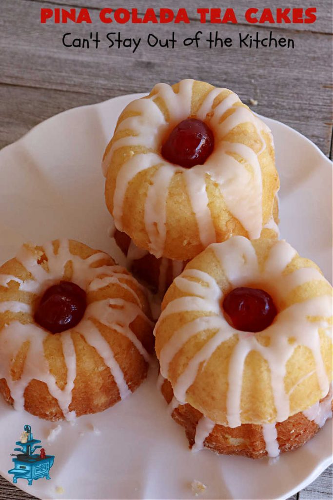 Pina Colada Tea Cakes | Can't Stay Out of the Kitchen | these scrumptious #TeaCakes are packed with #PinaColada flavor including a #Pineapple cake mix, pineapple gelatin, vanilla chips & #coconut. They're glazed with a luscious powdered sugar icing too. These miniature #Bundt #cakes are marvelous for #holiday or #Christmas baking. #HolidayDessert #PinaColadaDessert #PinaColadaTeaCakes