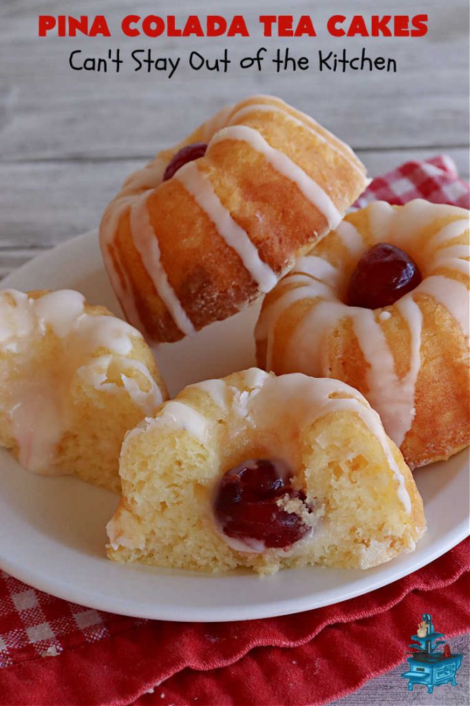 Pina Colada Tea Cakes | Can't Stay Out of the Kitchen | these scrumptious #TeaCakes are packed with #PinaColada flavor including a #Pineapple cake mix, pineapple gelatin, vanilla chips & #coconut. They're glazed with a luscious powdered sugar icing too. These miniature #Bundt #cakes are marvelous for #holiday or #Christmas baking. #HolidayDessert #PinaColadaDessert #PinaColadaTeaCakesPina Colada Tea Cakes | Can't Stay Out of the Kitchen | these scrumptious #TeaCakes are packed with #PinaColada flavor including a #Pineapple cake mix, pineapple gelatin, vanilla chips & #coconut. They're glazed with a luscious powdered sugar icing too. These miniature #Bundt #cakes are marvelous for #holiday or #Christmas baking. #HolidayDessert #PinaColadaDessert #PinaColadaTeaCakes