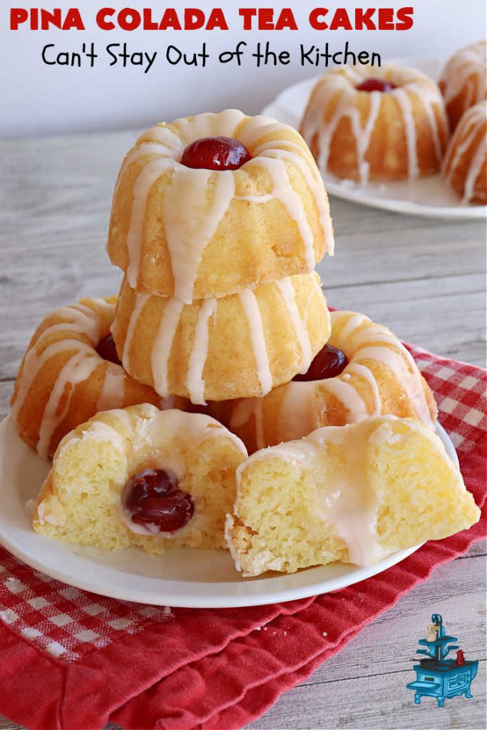 Pina Colada Tea Cakes | Can't Stay Out of the Kitchen | these scrumptious #TeaCakes are packed with #PinaColada flavor including a #Pineapple cake mix, pineapple gelatin, vanilla chips & #coconut. They're glazed with a luscious powdered sugar icing too. These miniature #Bundt #cakes are marvelous for #holiday or #Christmas baking. #HolidayDessert #PinaColadaDessert #PinaColadaTeaCakes