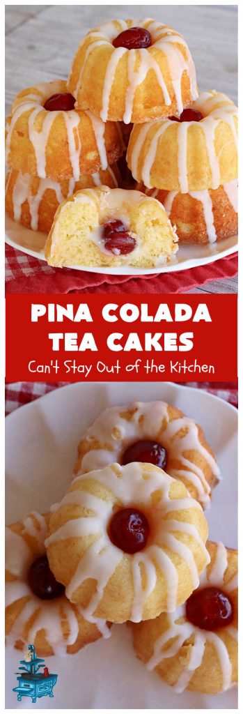 Pina Colada Tea Cakes | Can't Stay Out of the Kitchen | these scrumptious #TeaCakes are packed with #PinaColada flavor including a #Pineapple cake mix, pineapple gelatin, vanilla chips & #coconut. They're glazed with a luscious powdered sugar icing too. These miniature #Bundt #cakes are marvelous for #holiday or #Christmas baking. #HolidayDessert #PinaColadaDessert #PinaColadaTeaCakes