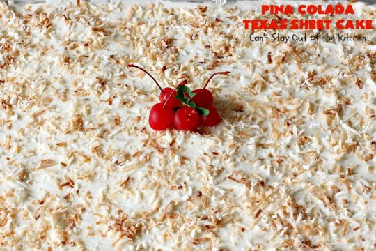 Pina Colada Texas Sheet Cake | Can't Stay Out of the Kitchen | This fantastic #cake is filled with #Pineapple & #coconut for fantastic #PinaColada flavors. The #CreamCheese icing is to die for! It's easy to make & terrific for a #holiday #dessert like #Christmas. #HolidayDessert #PineappleDessert #PinaColadaDessert #TexasSheetCake #PinaColadaTexasSheetCake