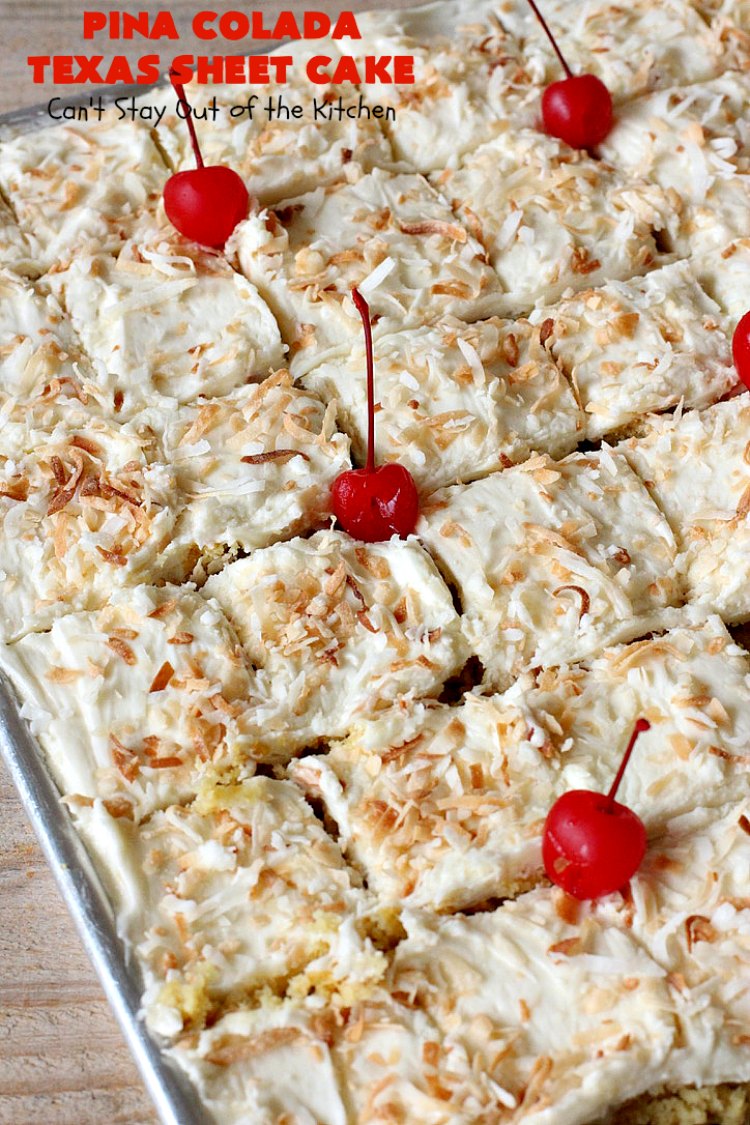 Pina Colada Texas Sheet Cake | Can't Stay Out of the Kitchen | This fantastic #cake is filled with #Pineapple & #coconut for fantastic #PinaColada flavors. The #CreamCheese icing is to die for! It's easy to make & terrific for a #holiday #dessert like #Christmas. #HolidayDessert #PineappleDessert #PinaColadaDessert #TexasSheetCake #PinaColadaTexasSheetCake
