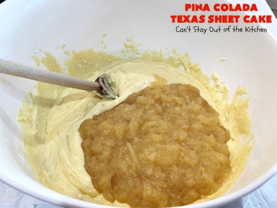 Pina Colada Texas Sheet Cake | Can't Stay Out of the Kitchen | This fantastic #cake is filled with #Pineapple & #coconut for fantastic #PinaColada flavors. The #CreamCheese icing is to die for! It's easy to make & terrific for a #holiday #dessert like #Christmas. #HolidayDessert #PineappleDessert #PinaColadaDessert #TexasSheetCake #PinaColadaTexasSheetCake