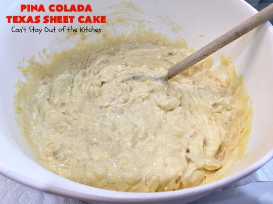 Pina Colada Texas Sheet Cake | Can't Stay Out of the Kitchen | This fantastic #cake is filled with #Pineapple & #coconut for fantastic #PinaColada flavors. The #CreamCheese icing is to die for! It's easy to make & terrific for a #holiday #dessert like #Christmas. #HolidayDessert #PineappleDessert #PinaColadaDessert #TexasSheetCake #PinaColadaTexasSheetCake