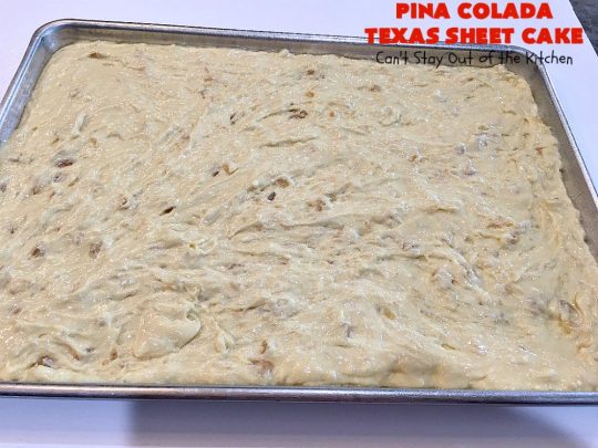 Pina Colada Texas Sheet Cake | Can't Stay Out of the Kitchen | This fantastic #cake is filled with #Pineapple & #coconut for fantastic #PinaColada flavors. The #CreamCheese icing is to die for! It's easy to make & terrific for a #holiday #dessert like #Christmas. #HolidayDessert #PineappleDessert #PinaColadaDessert #TexasSheetCake #PinaColadaTexasSheetCake