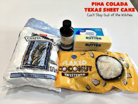 Pina Colada Texas Sheet Cake | Can't Stay Out of the Kitchen | This fantastic #cake is filled with #Pineapple & #coconut for fantastic #PinaColada flavors. The #CreamCheese icing is to die for! It's easy to make & terrific for a #holiday #dessert like #Christmas. #HolidayDessert #PineappleDessert #PinaColadaDessert #TexasSheetCake #PinaColadaTexasSheetCake