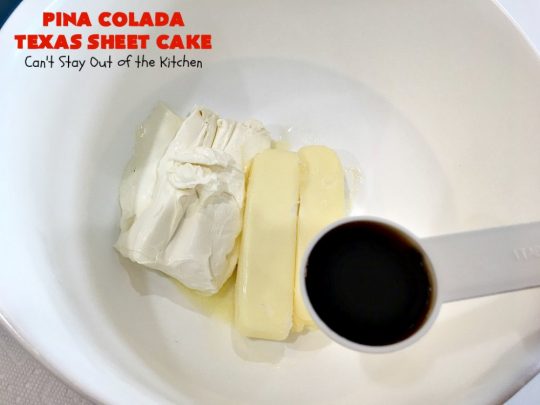 Pina Colada Texas Sheet Cake | Can't Stay Out of the Kitchen | This fantastic #cake is filled with #Pineapple & #coconut for fantastic #PinaColada flavors. The #CreamCheese icing is to die for! It's easy to make & terrific for a #holiday #dessert like #Christmas. #HolidayDessert #PineappleDessert #PinaColadaDessert #TexasSheetCake #PinaColadaTexasSheetCake