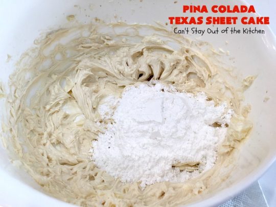 Pina Colada Texas Sheet Cake | Can't Stay Out of the Kitchen | This fantastic #cake is filled with #Pineapple & #coconut for fantastic #PinaColada flavors. The #CreamCheese icing is to die for! It's easy to make & terrific for a #holiday #dessert like #Christmas. #HolidayDessert #PineappleDessert #PinaColadaDessert #TexasSheetCake #PinaColadaTexasSheetCake