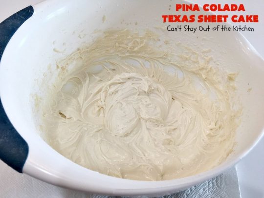 Pina Colada Texas Sheet Cake | Can't Stay Out of the Kitchen | This fantastic #cake is filled with #Pineapple & #coconut for fantastic #PinaColada flavors. The #CreamCheese icing is to die for! It's easy to make & terrific for a #holiday #dessert like #Christmas. #HolidayDessert #PineappleDessert #PinaColadaDessert #TexasSheetCake #PinaColadaTexasSheetCake