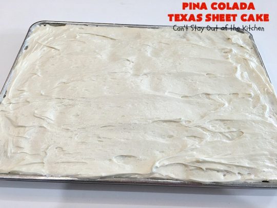 Pina Colada Texas Sheet Cake | Can't Stay Out of the Kitchen | This fantastic #cake is filled with #Pineapple & #coconut for fantastic #PinaColada flavors. The #CreamCheese icing is to die for! It's easy to make & terrific for a #holiday #dessert like #Christmas. #HolidayDessert #PineappleDessert #PinaColadaDessert #TexasSheetCake #PinaColadaTexasSheetCake