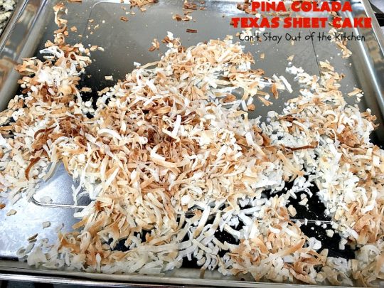 Pina Colada Texas Sheet Cake | Can't Stay Out of the Kitchen | This fantastic #cake is filled with #Pineapple & #coconut for fantastic #PinaColada flavors. The #CreamCheese icing is to die for! It's easy to make & terrific for a #holiday #dessert like #Christmas. #HolidayDessert #PineappleDessert #PinaColadaDessert #TexasSheetCake #PinaColadaTexasSheetCake