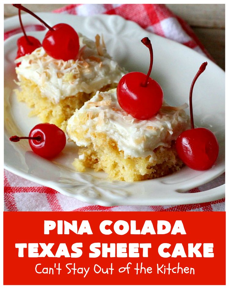 Pina Colada Texas Sheet Cake | Can't Stay Out of the Kitchen | This fantastic #cake is filled with #Pineapple & #coconut for fantastic #PinaColada flavors. The #CreamCheese icing is to die for! It's easy to make & terrific for a #holiday #dessert like #Christmas. #HolidayDessert #PineappleDessert #PinaColadaDessert #TexasSheetCake #PinaColadaTexasSheetCake