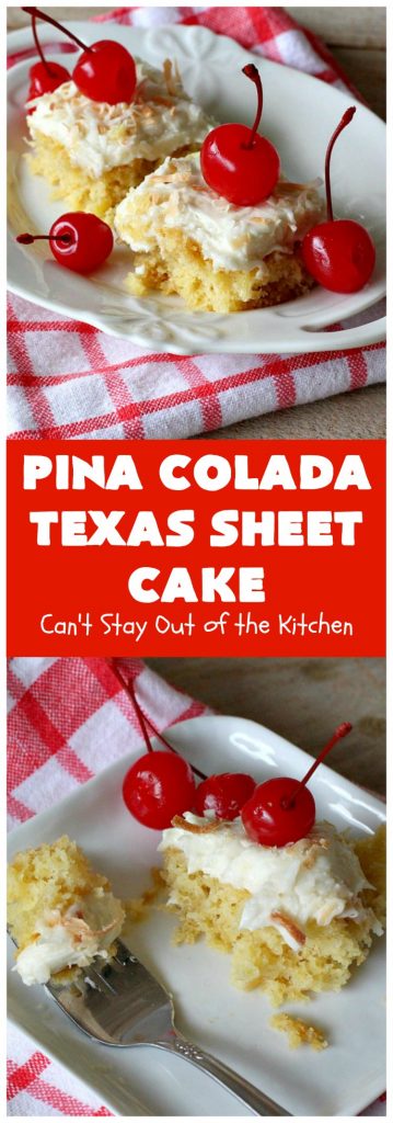 Pina Colada Texas Sheet Cake | Can't Stay Out of the Kitchen | This fantastic #cake is filled with #Pineapple & #coconut for fantastic #PinaColada flavors. The #CreamCheese icing is to die for! It's easy to make & terrific for a #holiday #dessert like #Christmas. #HolidayDessert #PineappleDessert #PinaColadaDessert #TexasSheetCake #PinaColadaTexasSheetCake
