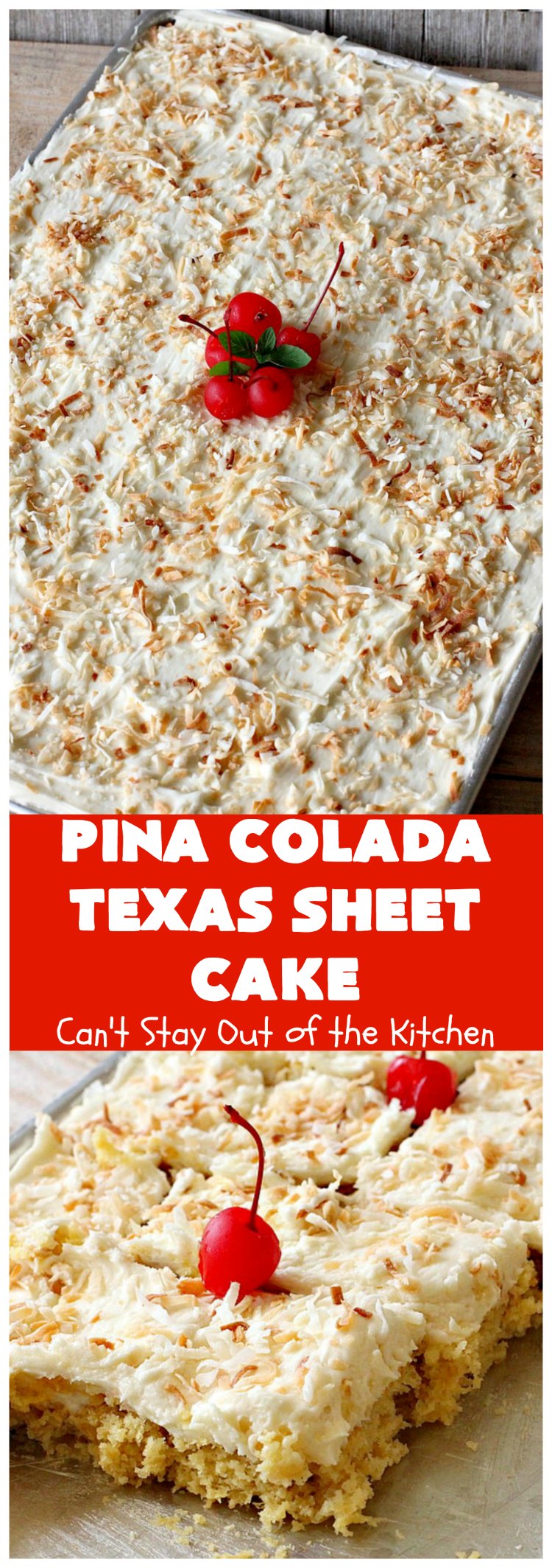 Pina Colada Texas Sheet Cake | Can't Stay Out of the Kitchen | This fantastic #cake is filled with #Pineapple & #coconut for fantastic #PinaColada flavors. The #CreamCheese icing is to die for! It's easy to make & terrific for a #holiday #dessert like #Christmas. #HolidayDessert #PineappleDessert #PinaColadaDessert #TexasSheetCake #PinaColadaTexasSheetCake