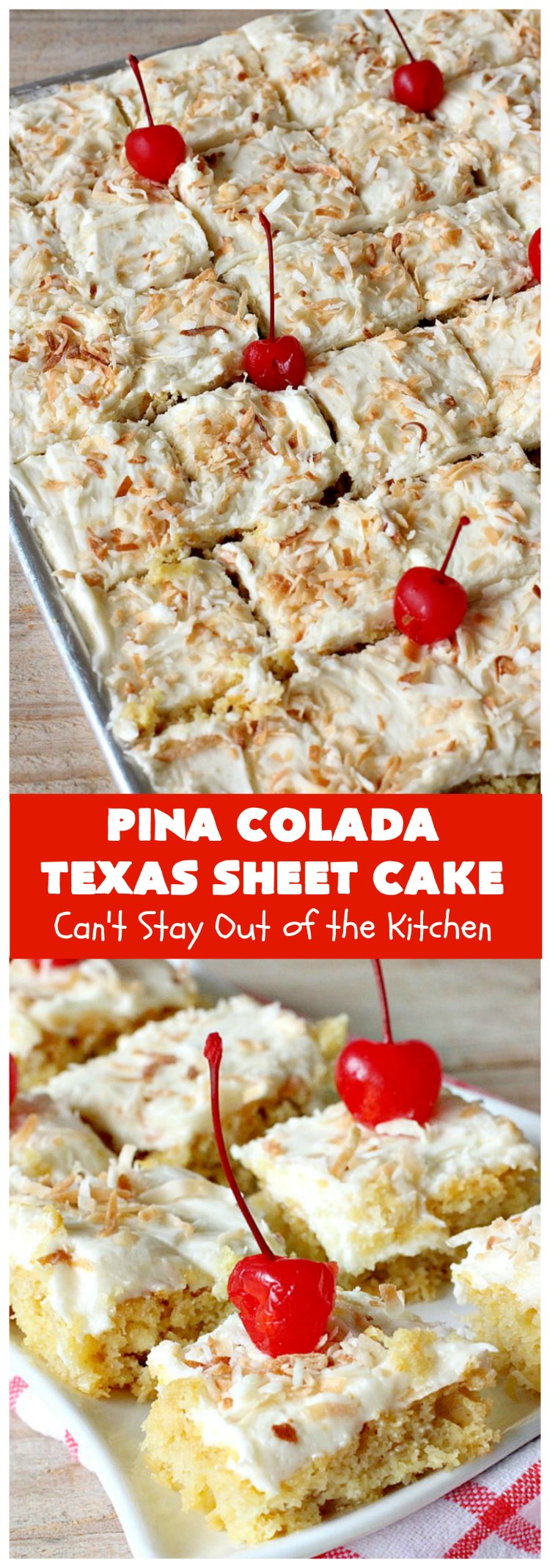 Pina Colada Texas Sheet Cake | Can't Stay Out of the Kitchen | This fantastic #cake is filled with #Pineapple & #coconut for fantastic #PinaColada flavors. The #CreamCheese icing is to die for! It's easy to make & terrific for a #holiday #dessert like #Christmas. #HolidayDessert #PineappleDessert #PinaColadaDessert #TexasSheetCake #PinaColadaTexasSheetCake