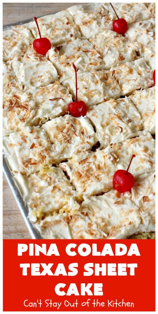 Pina Colada Texas Sheet Cake | Can't Stay Out of the Kitchen | This fantastic #cake is filled with #Pineapple & #coconut for fantastic #PinaColada flavors. The #CreamCheese icing is to die for! It's easy to make & terrific for a #holiday #dessert like #Christmas. #HolidayDessert #PineappleDessert #PinaColadaDessert #TexasSheetCake #PinaColadaTexasSheetCake