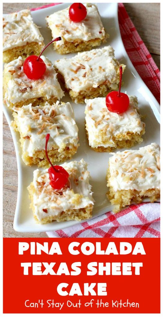 Pina Colada Texas Sheet Cake | Can't Stay Out of the Kitchen | This fantastic #cake is filled with #Pineapple & #coconut for fantastic #PinaColada flavors. The #CreamCheese icing is to die for! It's easy to make & terrific for a #holiday #dessert like #Christmas. #HolidayDessert #PineappleDessert #PinaColadaDessert #TexasSheetCake #PinaColadaTexasSheetCake