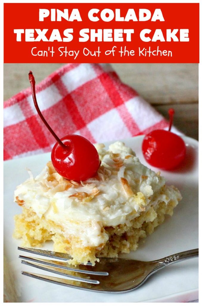 Pina Colada Texas Sheet Cake | Can't Stay Out of the Kitchen | This fantastic #cake is filled with #Pineapple & #coconut for fantastic #PinaColada flavors. The #CreamCheese icing is to die for! It's easy to make & terrific for a #holiday #dessert like #Christmas. #HolidayDessert #PineappleDessert #PinaColadaDessert #TexasSheetCake #PinaColadaTexasSheetCake