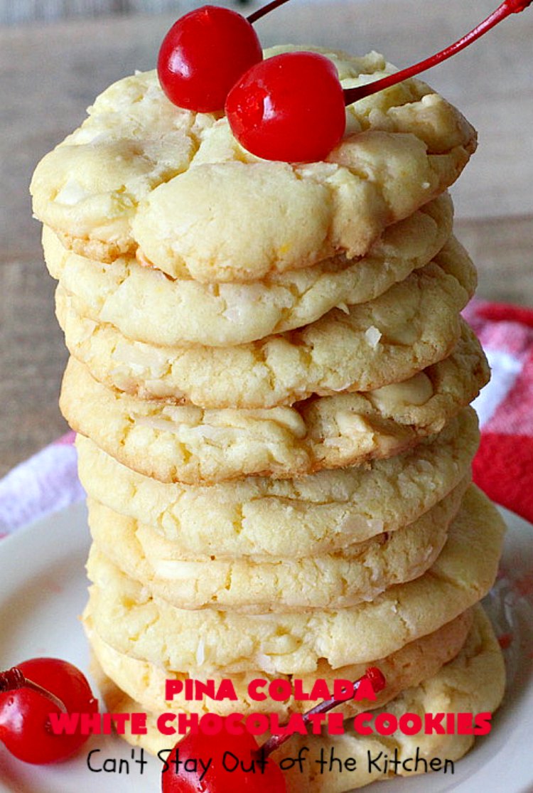 Pina Colada White Chocolate Cookies | Can't Stay Out of the Kitchen | this quick & easy 5-ingredient #cookie is crazy good! You can have #dessert made in about 30 minutes with this simple #recipe. If you enjoy the flavor of #PinaColadas you'll love these cookies. #Pineapple #Coconut #WhiteChocolateChips #chocolate #PinaColada #PinaColadaWhiteChocolateCookies #PinaColadaDessert #ChocolateDessert #PineappleDessert #tailgating