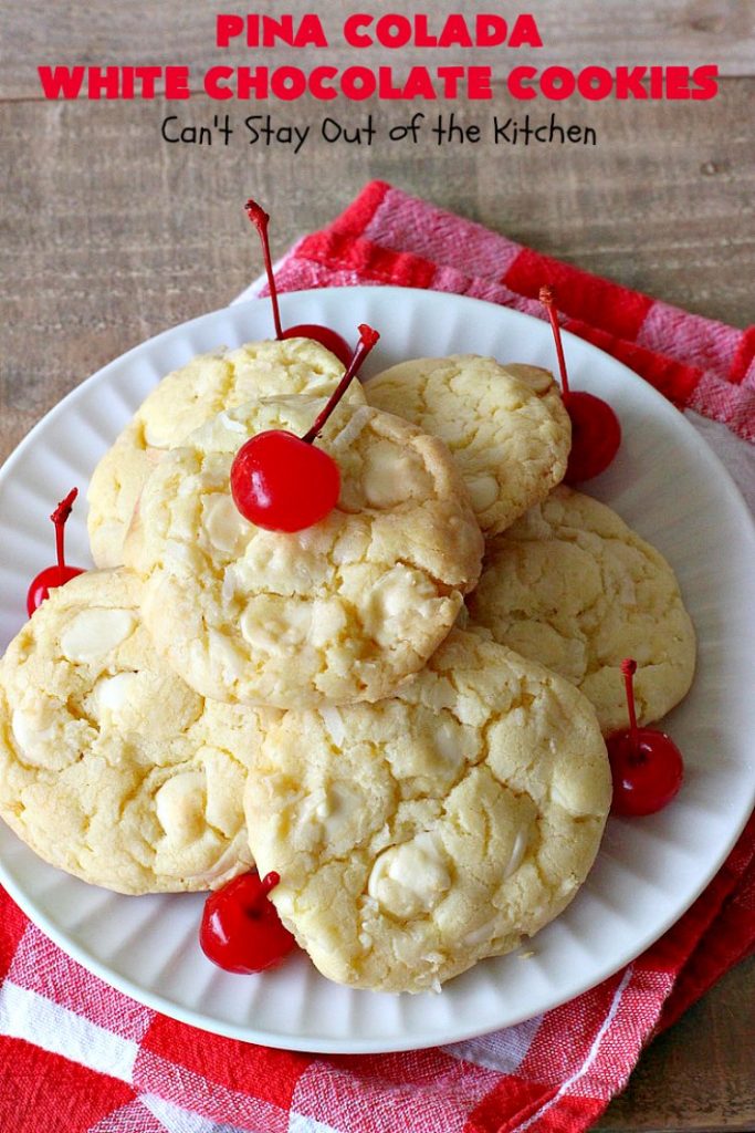 Pina Colada White Chocolate Cookies | Can't Stay Out of the Kitchen | this quick & easy 5-ingredient #cookie is crazy good! You can have #dessert made in about 30 minutes with this simple #recipe. If you enjoy the flavor of #PinaColadas you'll love these cookies. #Pineapple #Coconut #WhiteChocolateChips #chocolate #PinaColada #PinaColadaWhiteChocolateCookies #PinaColadaDessert #ChocolateDessert #PineappleDessert #tailgating