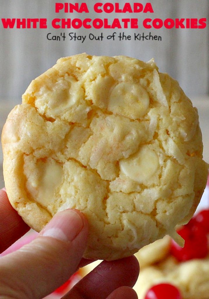 Pina Colada White Chocolate Cookies | Can't Stay Out of the Kitchen | this quick & easy 5-ingredient #cookie is crazy good! You can have #dessert made in about 30 minutes with this simple #recipe. If you enjoy the flavor of #PinaColadas you'll love these cookies. #Pineapple #Coconut #WhiteChocolateChips #chocolate #PinaColada #PinaColadaWhiteChocolateCookies #PinaColadaDessert #ChocolateDessert #PineappleDessert #tailgating