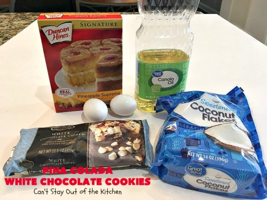 Pina Colada White Chocolate Cookies | Can't Stay Out of the Kitchen | this quick & easy 5-ingredient #cookie is crazy good! You can have #dessert made in about 30 minutes with this simple #recipe. If you enjoy the flavor of #PinaColadas you'll love these cookies. #Pineapple #Coconut #WhiteChocolateChips #chocolate #PinaColada #PinaColadaWhiteChocolateCookies #PinaColadaDessert #ChocolateDessert #PineappleDessert #tailgating