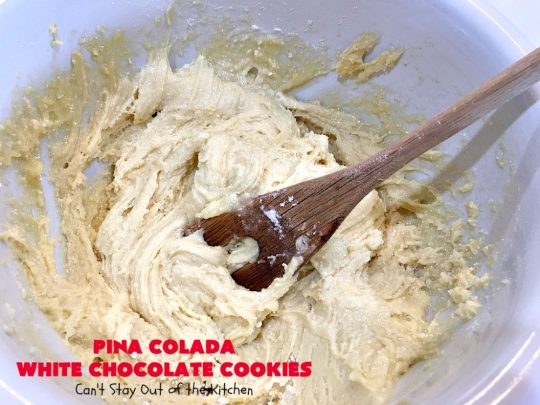 Pina Colada White Chocolate Cookies | Can't Stay Out of the Kitchen | this quick & easy 5-ingredient #cookie is crazy good! You can have #dessert made in about 30 minutes with this simple #recipe. If you enjoy the flavor of #PinaColadas you'll love these cookies. #Pineapple #Coconut #WhiteChocolateChips #chocolate #PinaColada #PinaColadaWhiteChocolateCookies #PinaColadaDessert #ChocolateDessert #PineappleDessert #tailgating