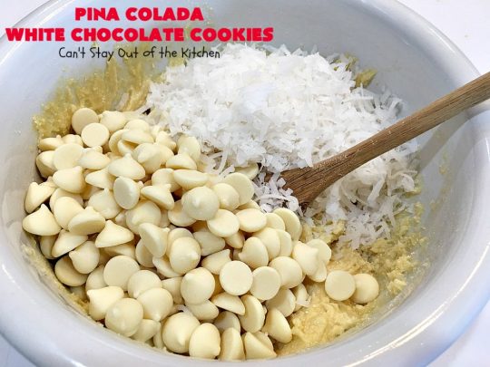 Pina Colada White Chocolate Cookies | Can't Stay Out of the Kitchen | this quick & easy 5-ingredient #cookie is crazy good! You can have #dessert made in about 30 minutes with this simple #recipe. If you enjoy the flavor of #PinaColadas you'll love these cookies. #Pineapple #Coconut #WhiteChocolateChips #chocolate #PinaColada #PinaColadaWhiteChocolateCookies #PinaColadaDessert #ChocolateDessert #PineappleDessert #tailgating