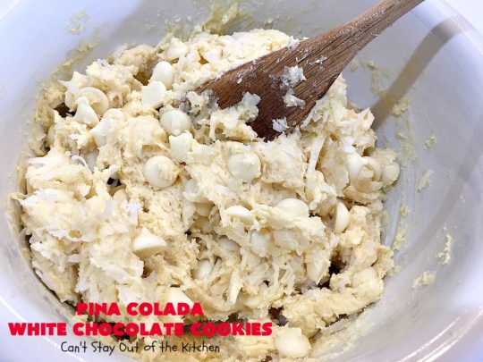 Pina Colada White Chocolate Cookies | Can't Stay Out of the Kitchen | this quick & easy 5-ingredient #cookie is crazy good! You can have #dessert made in about 30 minutes with this simple #recipe. If you enjoy the flavor of #PinaColadas you'll love these cookies. #Pineapple #Coconut #WhiteChocolateChips #chocolate #PinaColada #PinaColadaWhiteChocolateCookies #PinaColadaDessert #ChocolateDessert #PineappleDessert #tailgating
