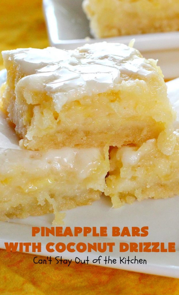 Pineapple Bars with Coconut Drizzle | these spectacular #dessert bars will have you absolutely drooling! They are heavenly and mouthwatering with a crust layer, #pineapple layer, #streusel layer & a #coconut glaze over top. Perfect for #holidays like #Easter or #MothersDay. #PineappleDessert #HolidayDessert #EasterDessert #MothersDayDessert #cookie #brownie #PineappleCookies #PinaColada #PinaColadaDessert