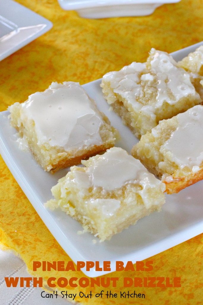 Pineapple Bars with Coconut Drizzle | these spectacular #dessert bars will have you absolutely drooling! They are heavenly and mouthwatering with a crust layer, #pineapple layer, #streusel layer & a #coconut glaze over top. Perfect for #holidays like #Easter or #MothersDay. #PineappleDessert #HolidayDessert #EasterDessert #MothersDayDessert #cookie #brownie #PineappleCookies #PinaColada #PinaColadaDessert