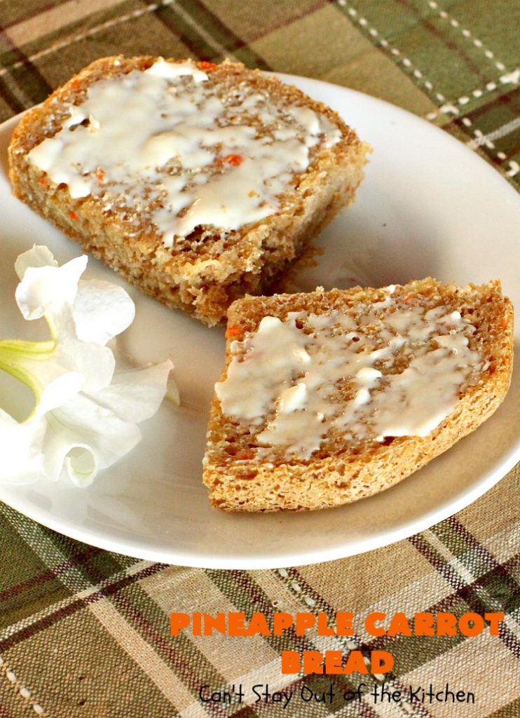 Pineapple Carrot Bread | Can't Stay Out of the Kitchen | this delicious home-baked #bread is almost like eating #CarrotCake but in bread form. It's not as sweet, but it sure is a delicious an easy bread that's made in the #breadmaker. Wonderful as a dinner bread or to serve for #breakfast. #pineapple #carrots #PineappleCarrotBread