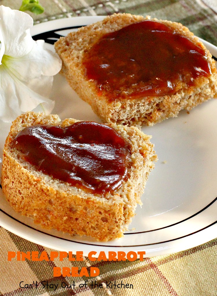 Pineapple Carrot Bread | Can't Stay Out of the Kitchen | this delicious home-baked #bread is almost like eating #CarrotCake but in bread form. It's not as sweet, but it sure is a delicious an easy bread that's made in the #breadmaker. Wonderful as a dinner bread or to serve for #breakfast. #pineapple #carrots #PineappleCarrotBread